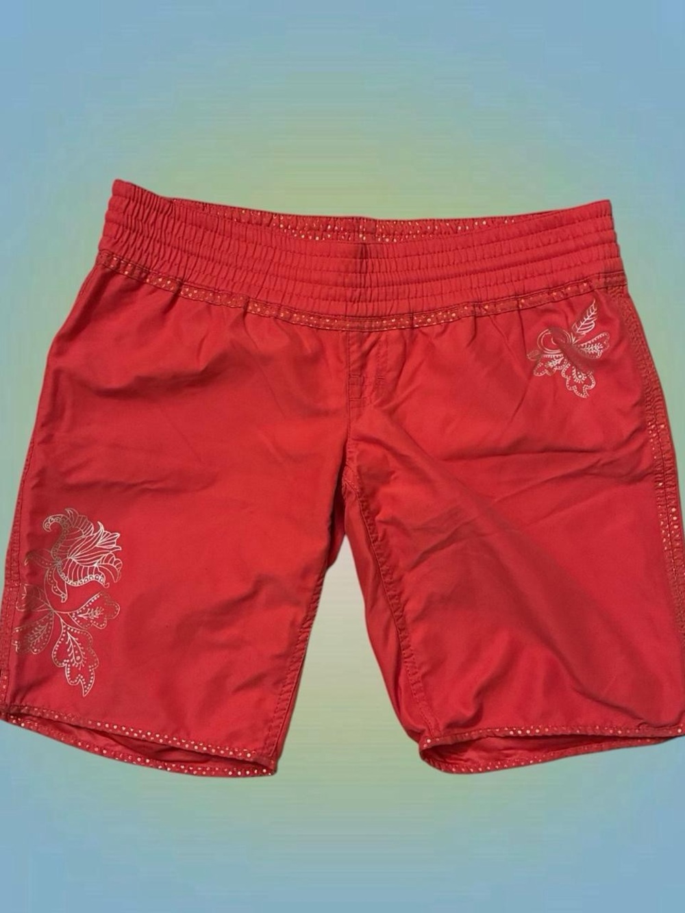 Rip Curl Red Athletic Swim Shorts with Silver Floral Accents